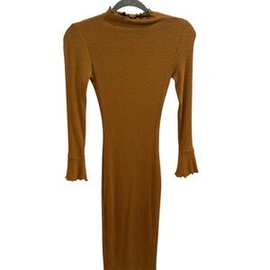 Fashion Nova Brown Ribbed Ruffled Long Sleeve Dress